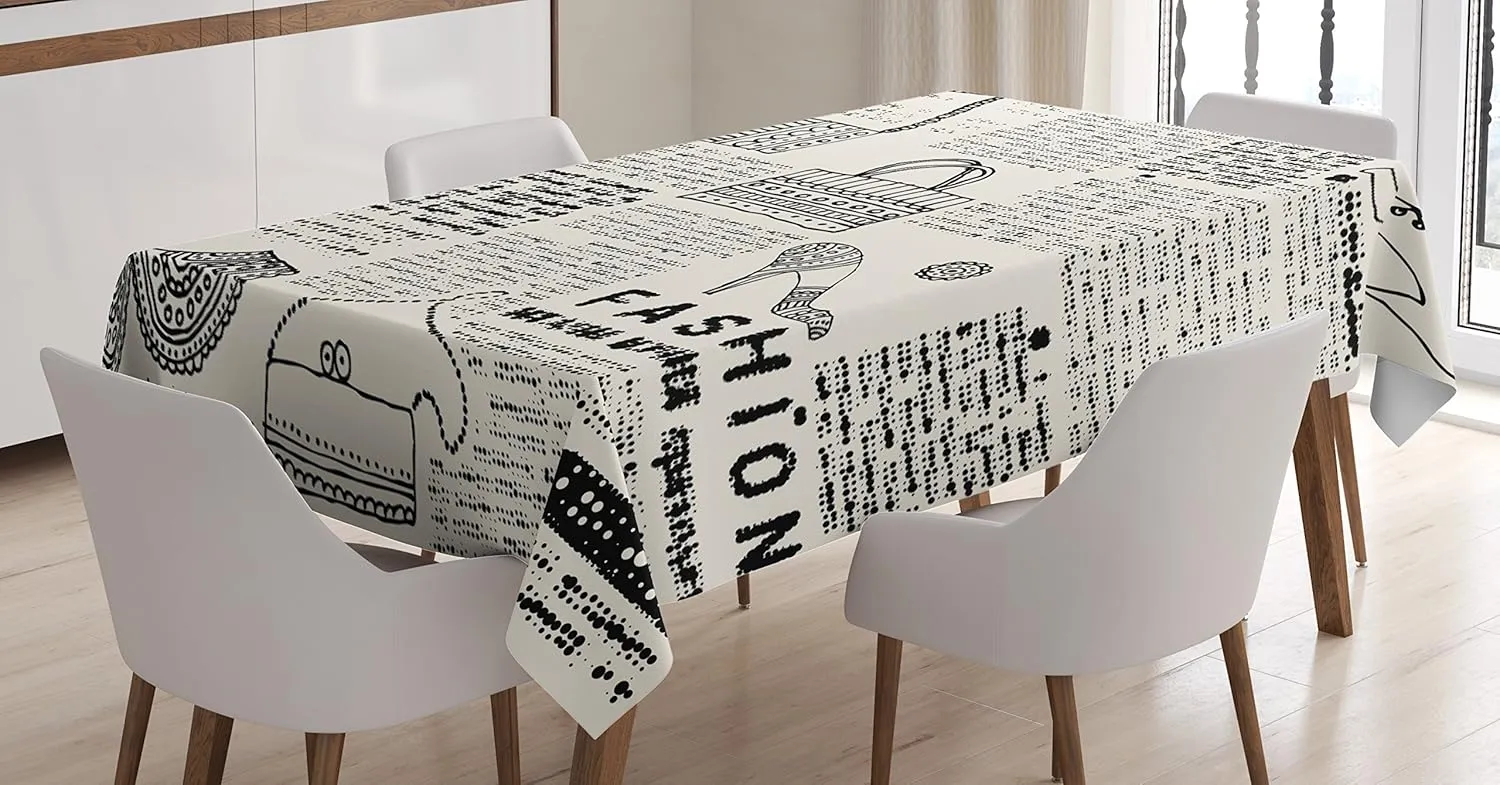 Ambesonne Old Newspaper Tablecloth, Vintage Fashion Themed Shoes Handbag Purses with Ornate Details Retro, Dining Room Kitchen Rectangular Table Cover, 60" X 84", Black Cream