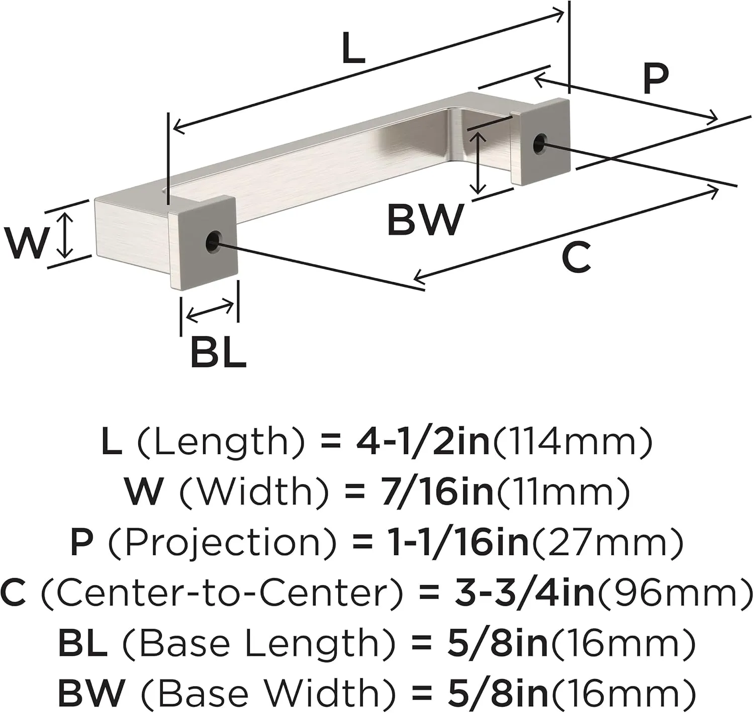 Amerock 10BX37031G10 | Satin Nickel Cabinet Pull | 3-3/4 inch (96mm) Center-to-Center | 10 Pack | Bridgeport | Furniture Hardware