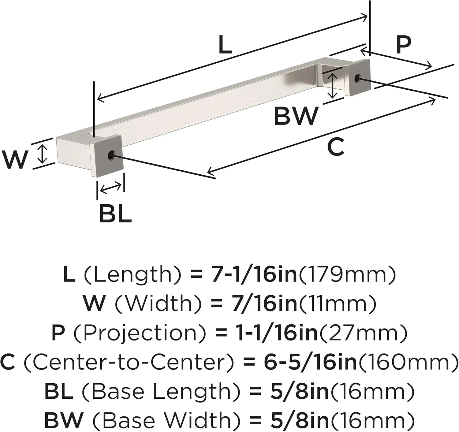 Amerock 10BX37033G10 | Satin Nickel Cabinet Pull | 6-5/16 inch (160mm) Center-to-Center | 10 Pack | Bridgeport | Furniture Hardware