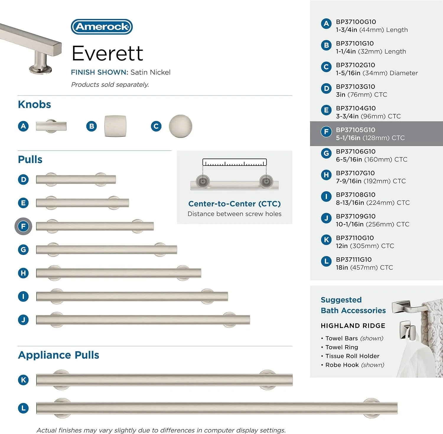 Amerock Corp BP37105G10 Everett Pull, 5-1/16 in (128 mm) Center-to-Center, Satin Nickel