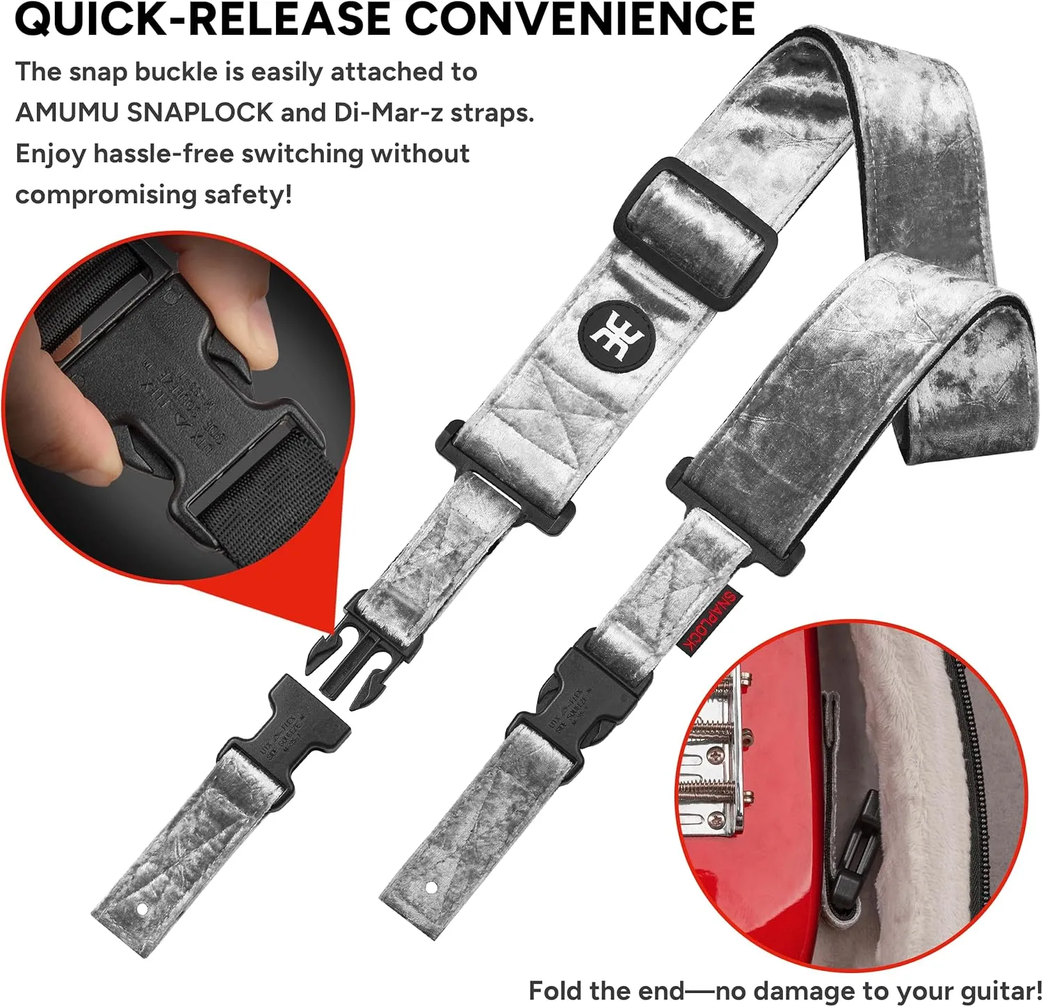 Amumu SNAPLOCK Pro Guitar Strap - Quick-Release Buckle, Screw Fasten Ends, Quick-Fetch Pick Holder, Adjustable 38"-57", Fits Bass, Electric, Acoustic Guitars, Velvet Silver