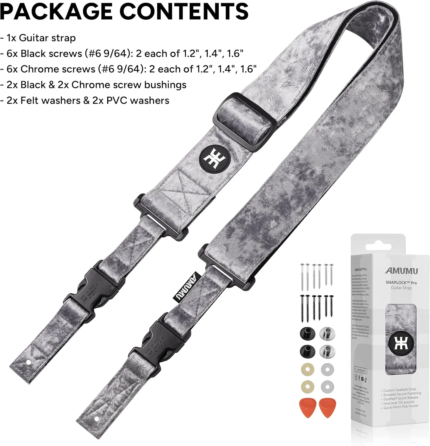 Amumu SNAPLOCK Pro Guitar Strap - Quick-Release Buckle, Screw Fasten Ends, Quick-Fetch Pick Holder, Adjustable 38"-57", Fits Bass, Electric, Acoustic Guitars, Velvet Silver