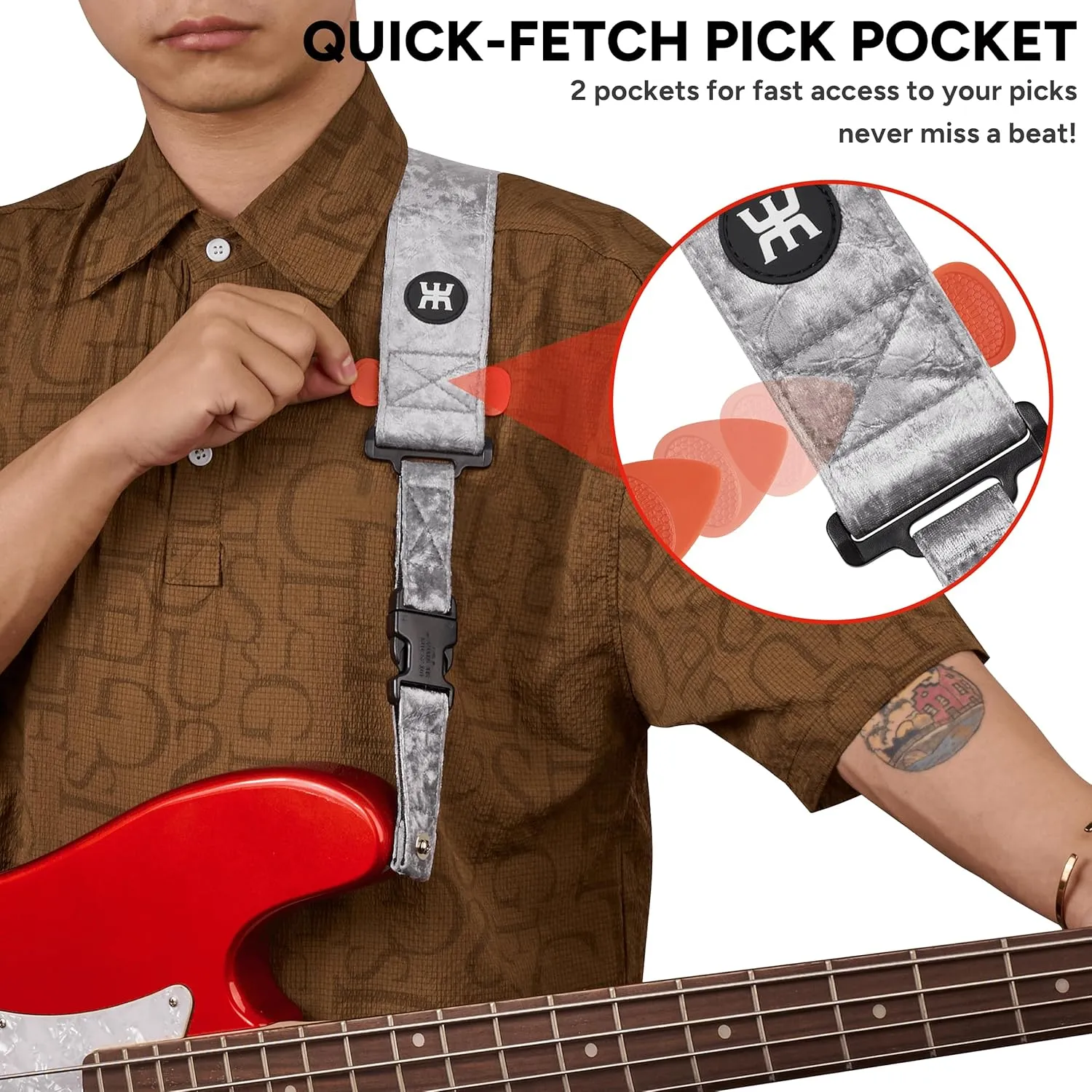 Amumu SNAPLOCK Pro Guitar Strap - Quick-Release Buckle, Screw Fasten Ends, Quick-Fetch Pick Holder, Adjustable 38"-57", Fits Bass, Electric, Acoustic Guitars, Velvet Silver