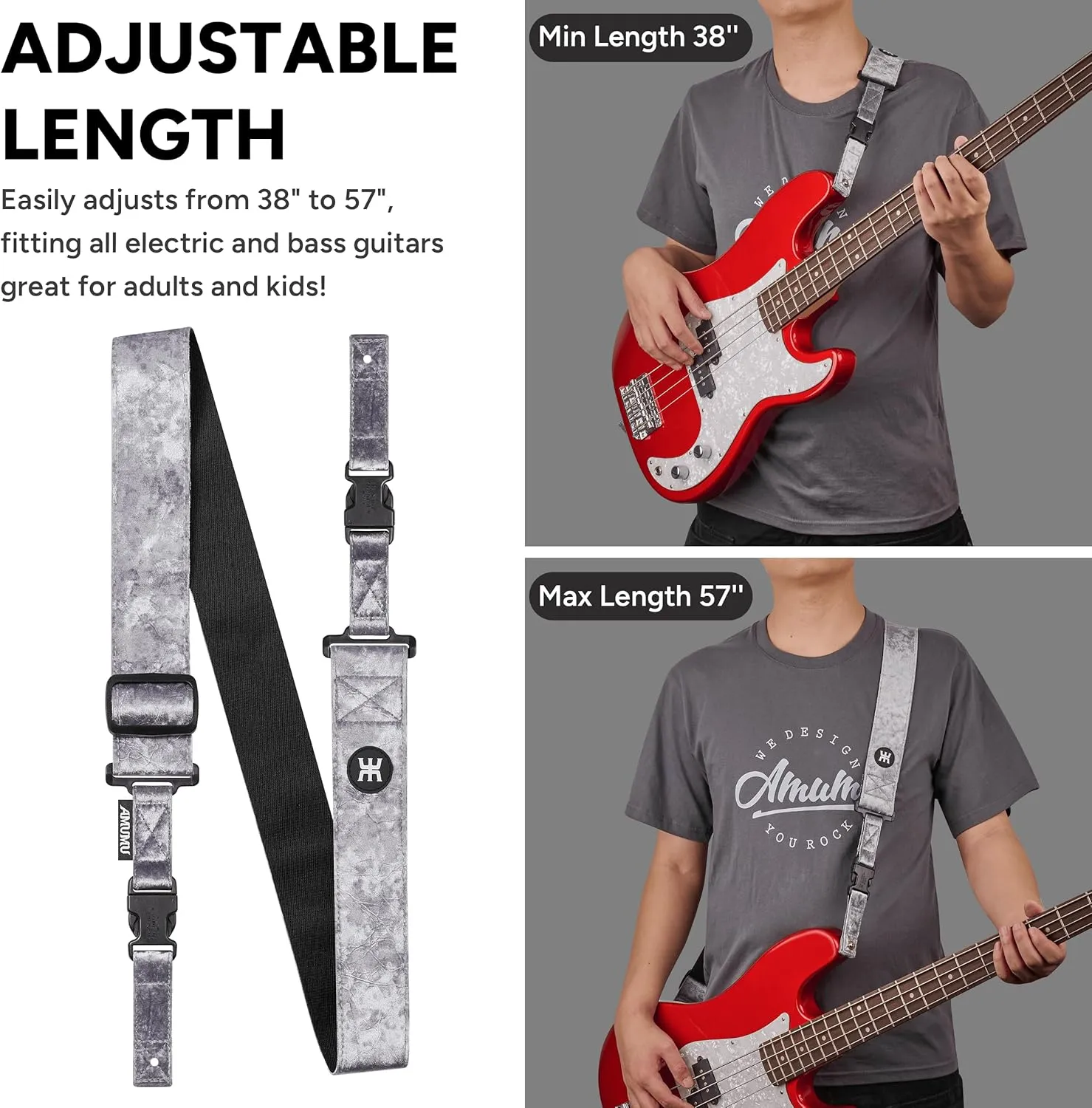 Amumu SNAPLOCK Pro Guitar Strap - Quick-Release Buckle, Screw Fasten Ends, Quick-Fetch Pick Holder, Adjustable 38"-57", Fits Bass, Electric, Acoustic Guitars, Velvet Silver