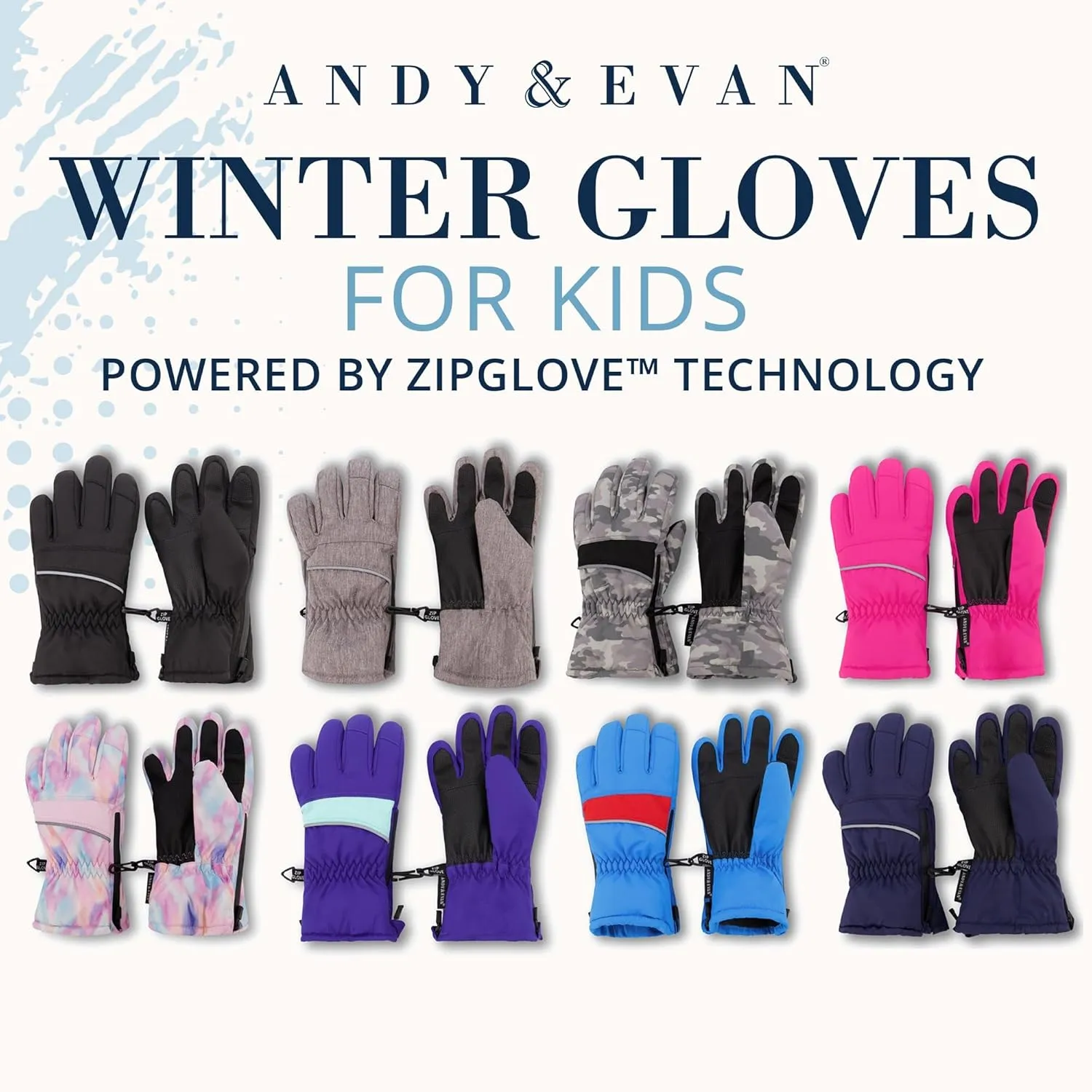 Andy & Evan Kids' Zip Gloves, Waterproof Winter Snow Gloves, Side Zippers, Touchscreen, Ski Snowboard Sledding, Warm Fleece Palms