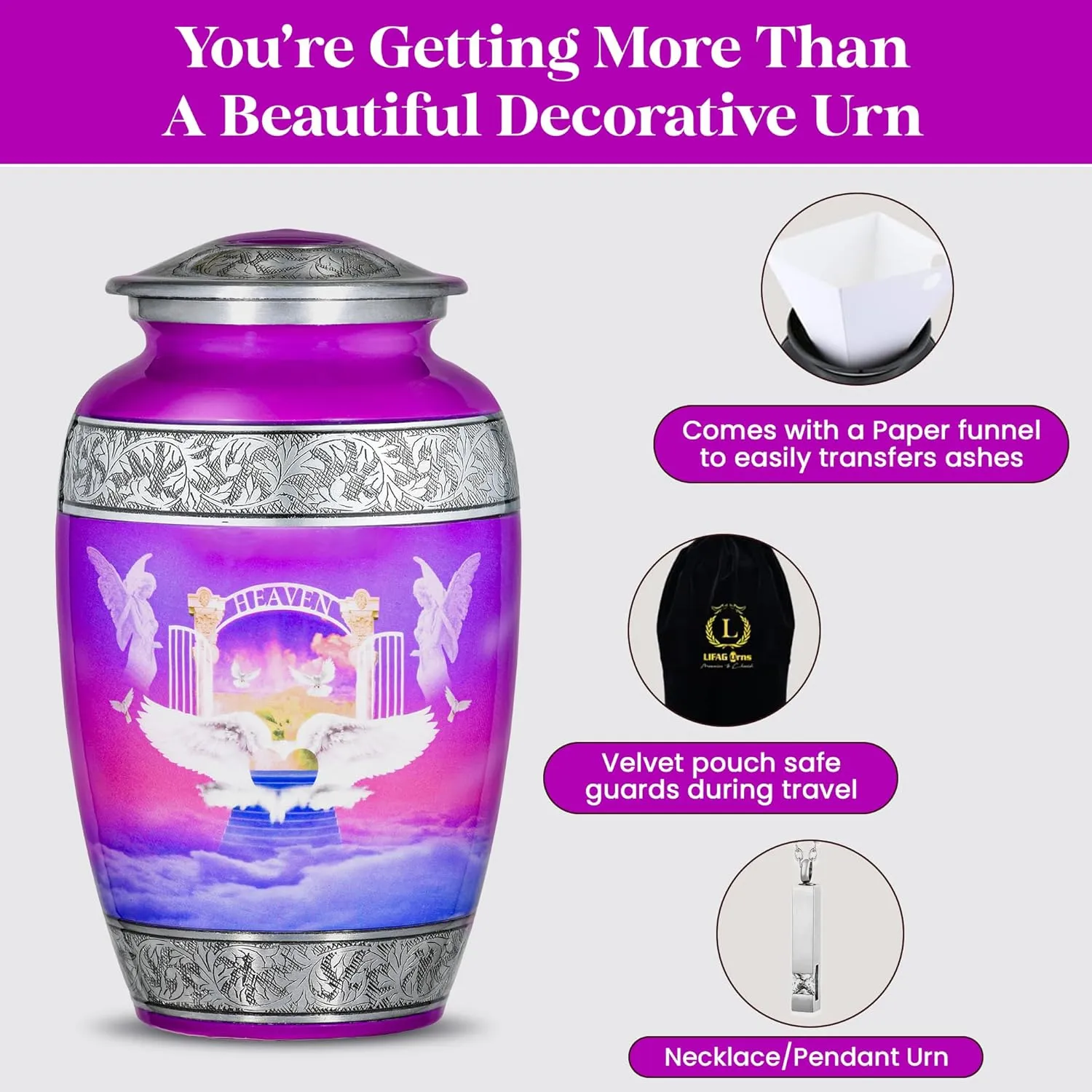 Angel Urns for Human Ashes Adult Female with Velvet Bag & Necklace for Ashes | Handcrafted Large Urn for Ashes Adult Male | Stairway to Heaven Funeral & Cremation Urns for Men & Women - 220 lbs