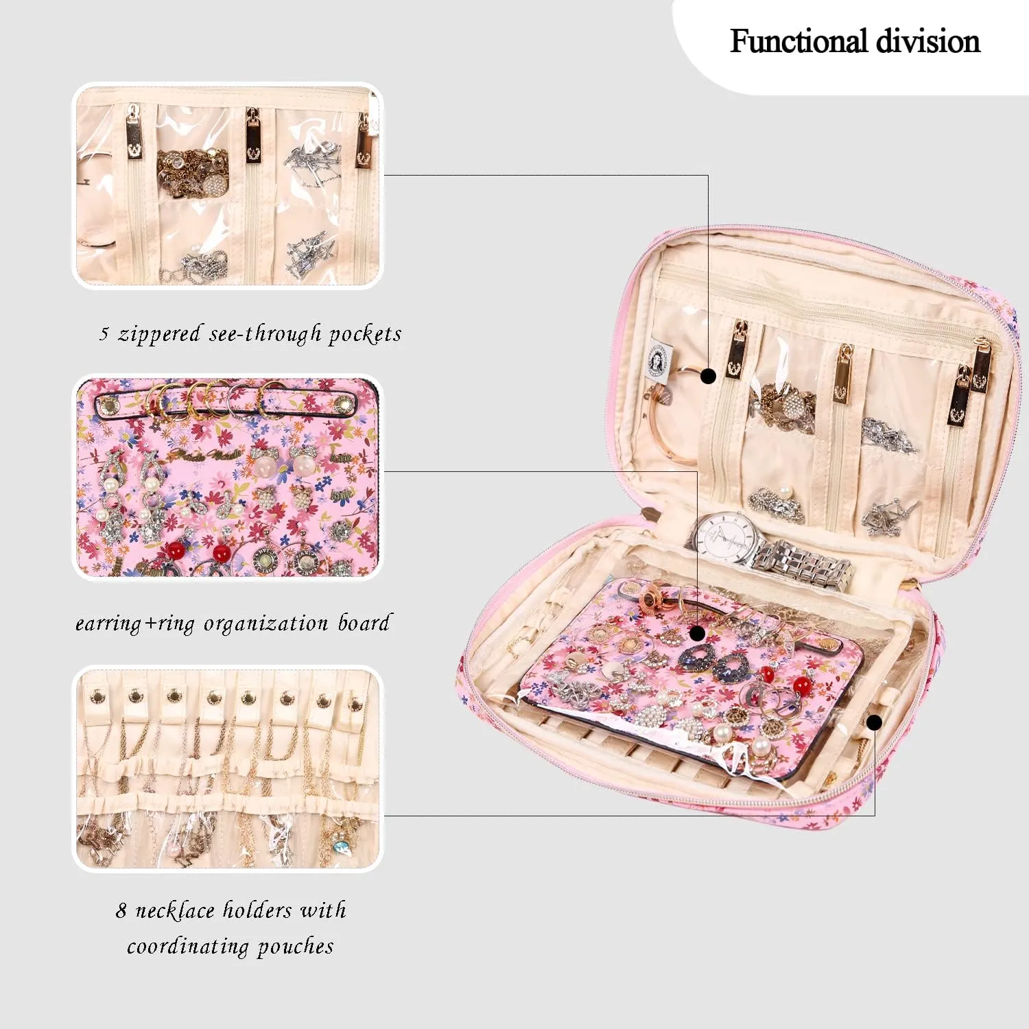 Angelina's Palace Large Jewelry Organizer Case Bridesmaid Gifts Vegan Leather Waterproof Travel Jewelry Storage Bag for Necklace Earring Bracelet Ring(blossom pink)