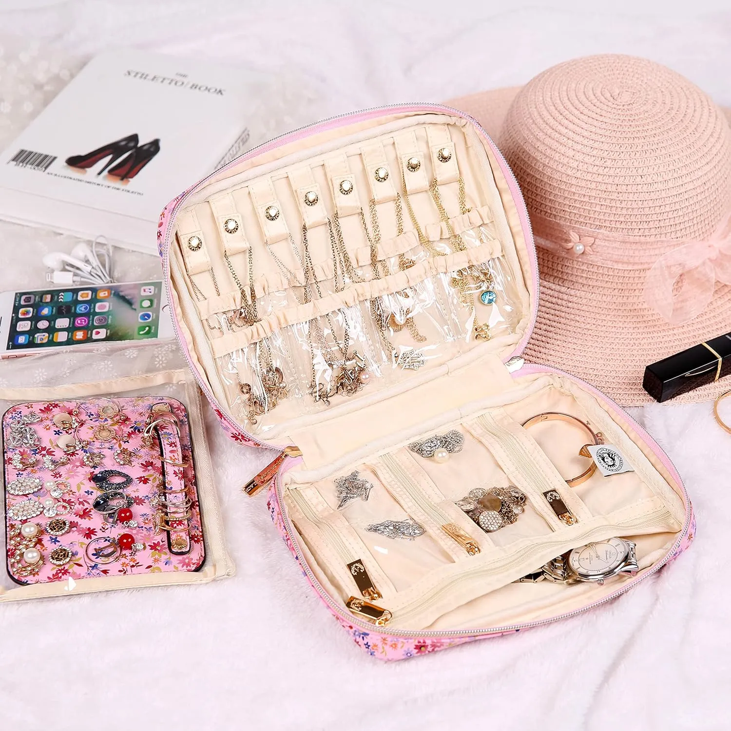 Angelina's Palace Large Jewelry Organizer Case Bridesmaid Gifts Vegan Leather Waterproof Travel Jewelry Storage Bag for Necklace Earring Bracelet Ring(blossom pink)