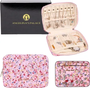 Angelina's Palace Large Jewelry Organizer Case Bridesmaid Gifts Vegan Leather Waterproof Travel Jewelry Storage Bag for Necklace Earring Bracelet Ring(blossom pink)