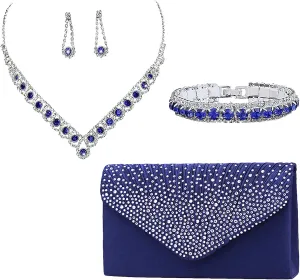 ANUFER Women's Zircon Rhinestones 4 Pieces Jewelry and Clutch Purse Set for Wedding Prom Evening Party