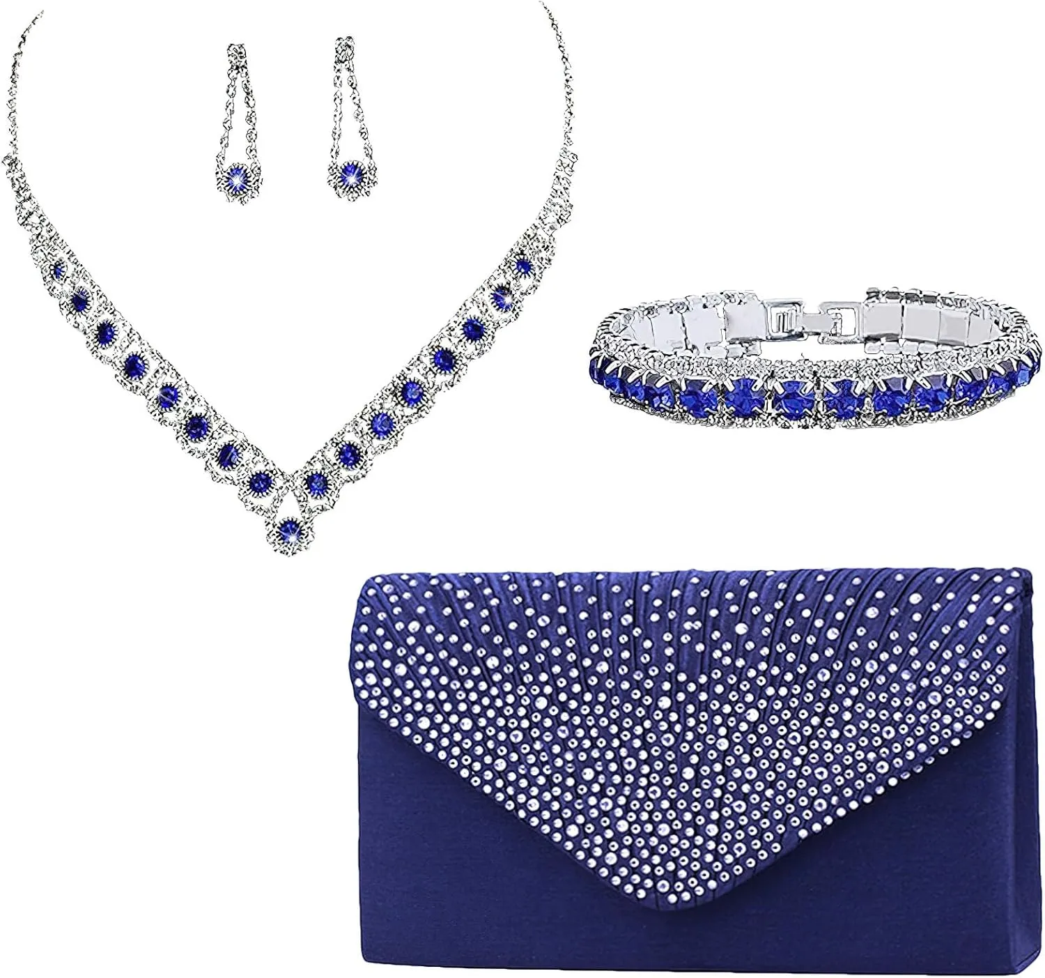 ANUFER Women's Zircon Rhinestones 4 Pieces Jewelry and Clutch Purse Set for Wedding Prom Evening Party