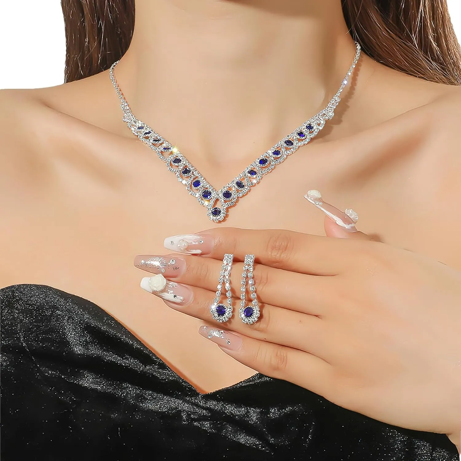 ANUFER Women's Zircon Rhinestones 4 Pieces Jewelry and Clutch Purse Set for Wedding Prom Evening Party