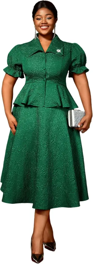 AOMEI Summer 2 Piece Formal Outfits for Women Floral Jacquard Button Down Peplum Top A Line Midi Wedding Guest Skirt Sets