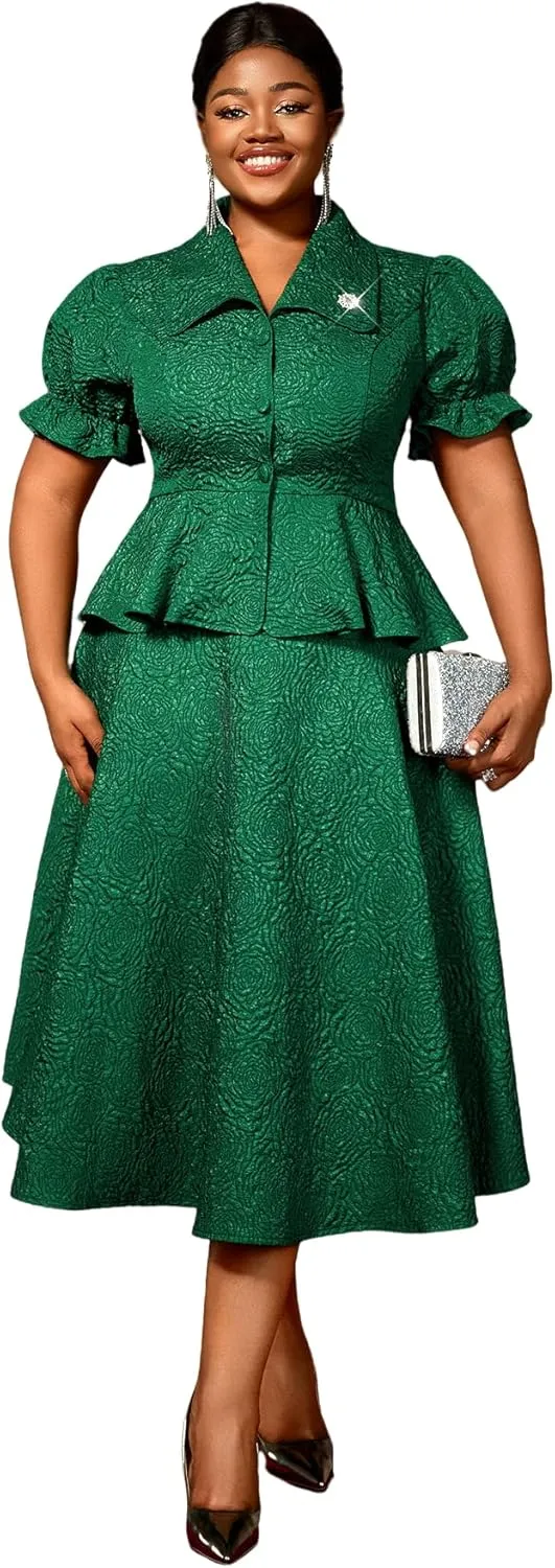 AOMEI Summer 2 Piece Formal Outfits for Women Floral Jacquard Button Down Peplum Top A Line Midi Wedding Guest Skirt Sets