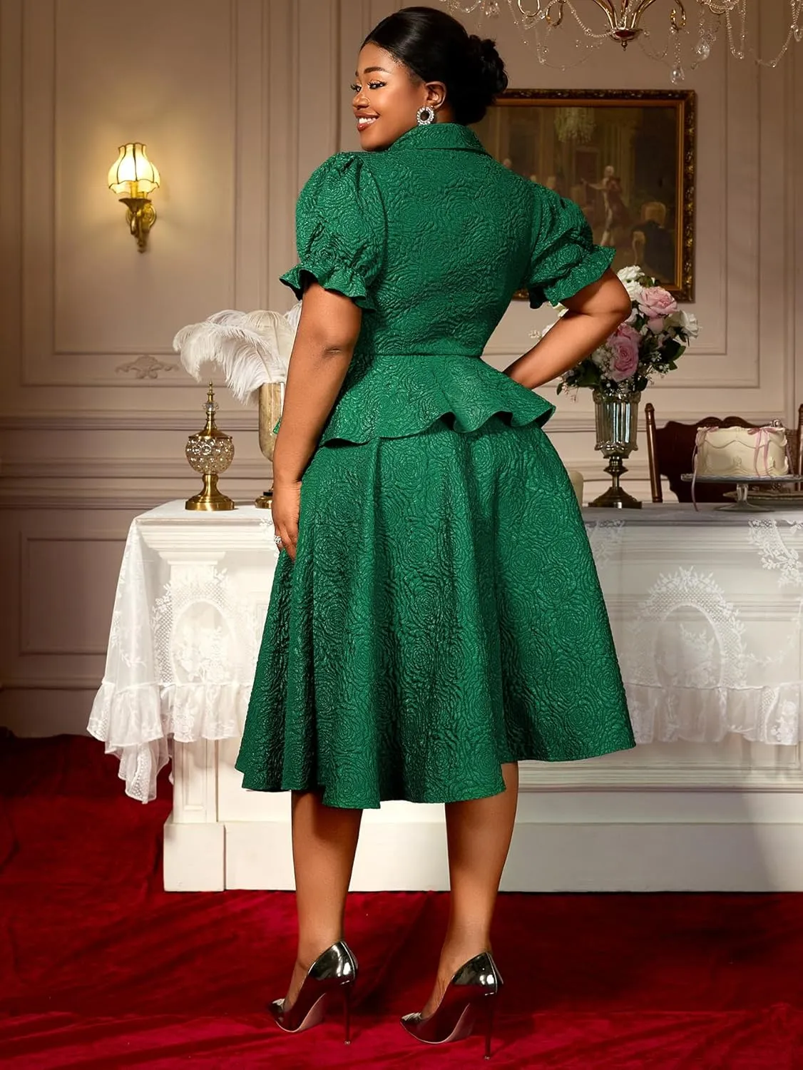 AOMEI Summer 2 Piece Formal Outfits for Women Floral Jacquard Button Down Peplum Top A Line Midi Wedding Guest Skirt Sets