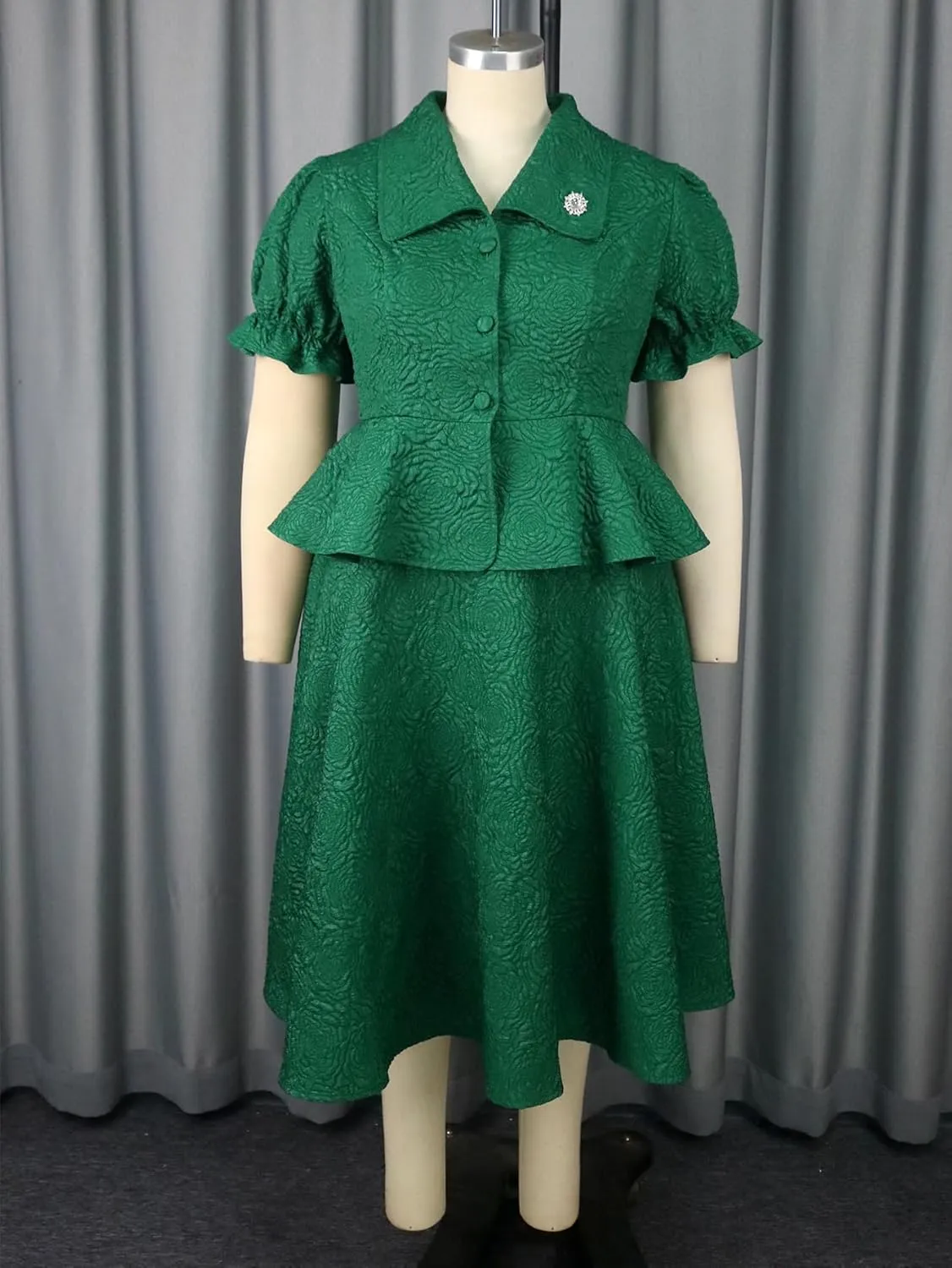 AOMEI Summer 2 Piece Formal Outfits for Women Floral Jacquard Button Down Peplum Top A Line Midi Wedding Guest Skirt Sets