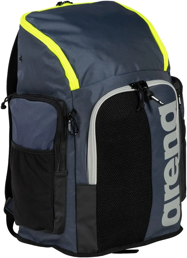 Arena Spiky III Backpack 45 Swimming Athlete Sports Gym Rucksack Large Training Gear Equipment Swim Bag for Men and Women, 45 Liters, Navy/Neon Yellow