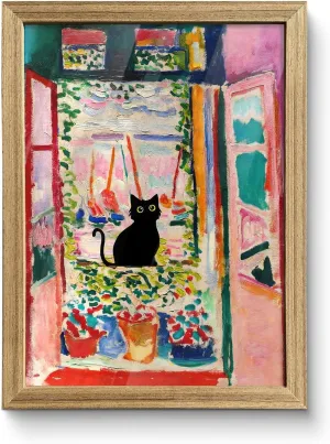 Artistry Canvas Art Henri Matisse Cat Wall Art - Wood Framed Funny Black Cat Poster, Famous Fauvism Canvas Wall Decor, The Open Window Oil Paintings Prints For Bedroom Living Room 12" x 16"