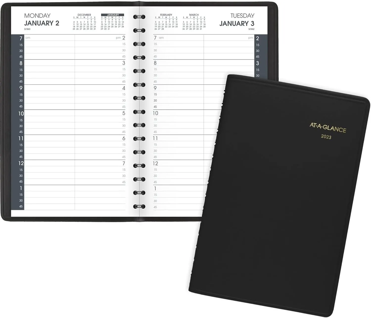 AT-A-GLANCE 2023 Daily Planner, Quarter-Hourly Appointment Book, 5" x 8", Small, Black (7080005)