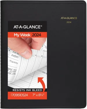 AT-A-GLANCE 2024 Weekly Planner, Quarter-Hourly Appointment Book, 7" x 8-3/4", Medium, Telephone/Address Pages, Black (709510524)
