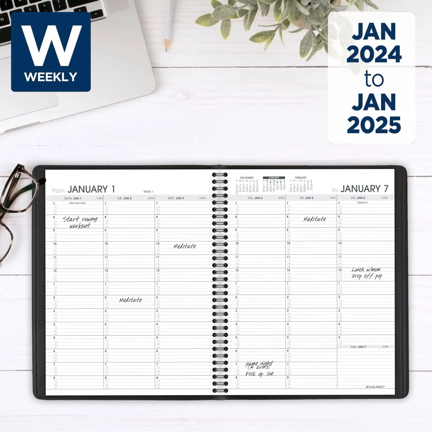 AT-A-GLANCE 2024 Weekly Planner, Quarter-Hourly Appointment Book, 7" x 8-3/4", Medium, Telephone/Address Pages, Black (709510524)
