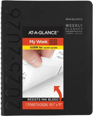AT-A-GLANCE Planner 2025-2026 Academic, Weekly & Monthly, Half-Hourly Appointment Book, 8-1/4" x 11", Large, Monthly Tabs, Flexible Cover, Contempo, Black (70957X05)
