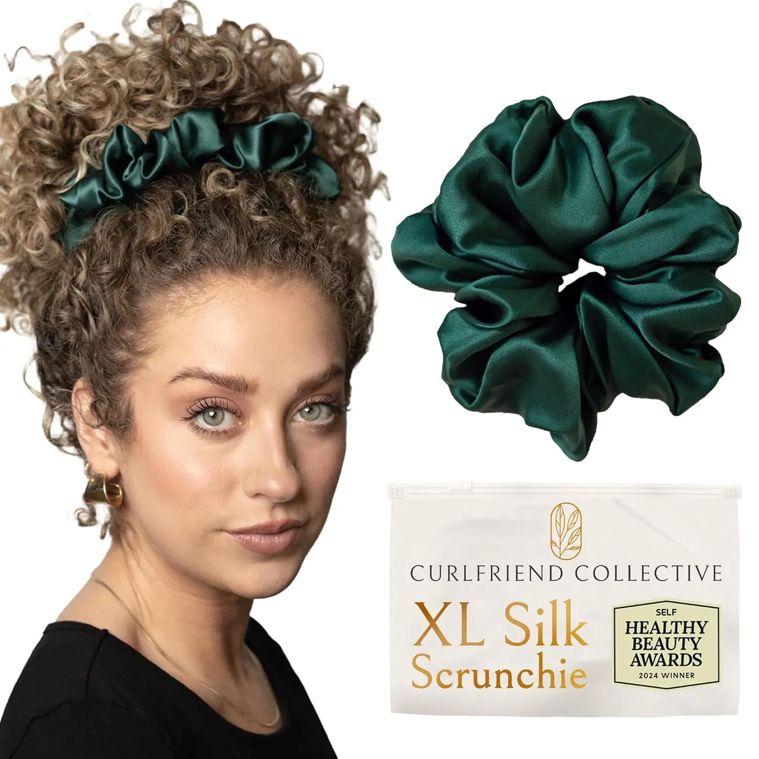 Authentic Mulberry Silk Extra Large Scrunchies for Women, Anti Breakage Hair Ties for Curly Thick & Thin Hair, 100% Silk Scrunchie for Buns, Sleep & Ponytail, Emerald Dark Green - XL