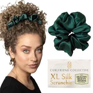 Authentic Mulberry Silk Extra Large Scrunchies for Women, Anti Breakage Hair Ties for Curly Thick & Thin Hair, 100% Silk Scrunchie for Buns, Sleep & Ponytail, Emerald Dark Green - XL