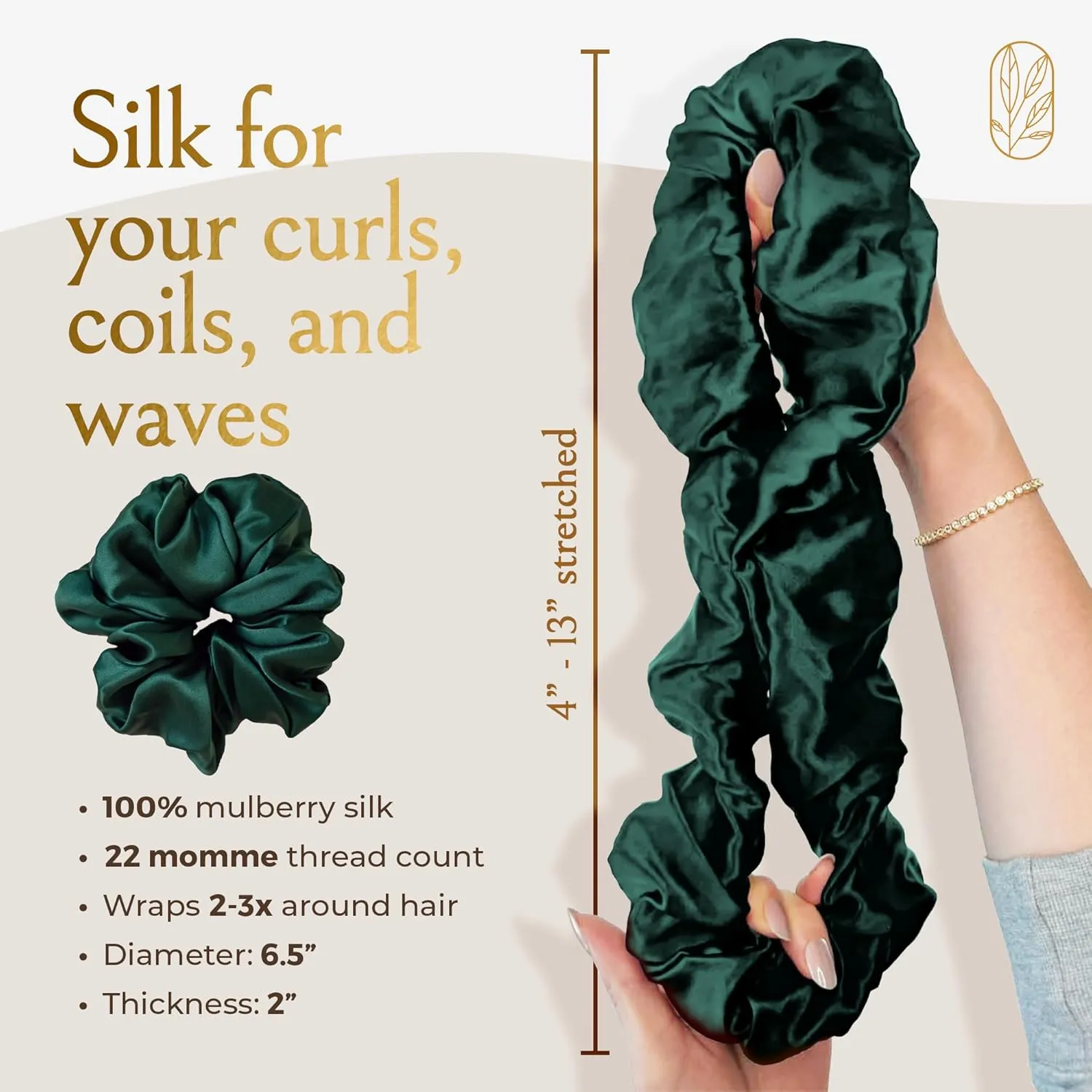 Authentic Mulberry Silk Extra Large Scrunchies for Women, Anti Breakage Hair Ties for Curly Thick & Thin Hair, 100% Silk Scrunchie for Buns, Sleep & Ponytail, Emerald Dark Green - XL