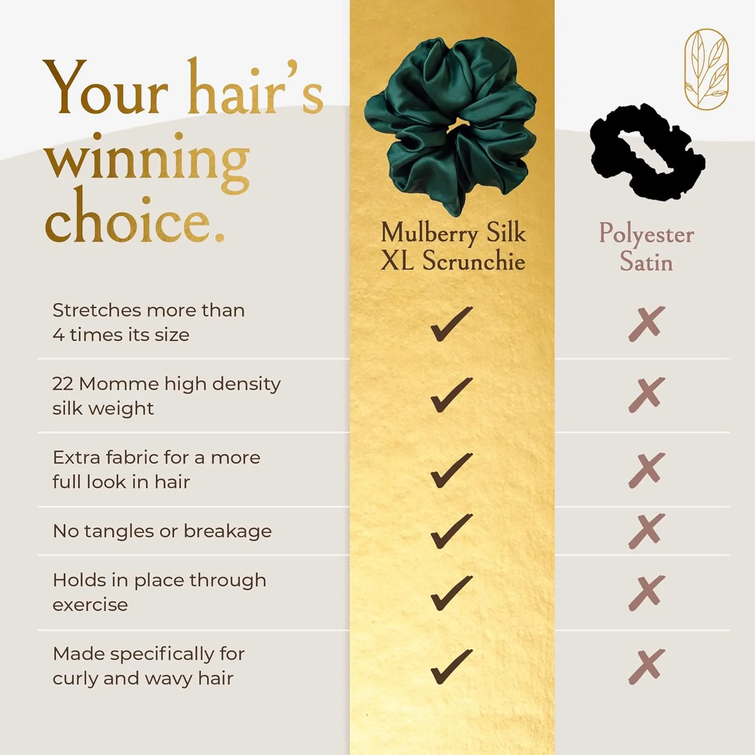 Authentic Mulberry Silk Extra Large Scrunchies for Women, Anti Breakage Hair Ties for Curly Thick & Thin Hair, 100% Silk Scrunchie for Buns, Sleep & Ponytail, Emerald Dark Green - XL