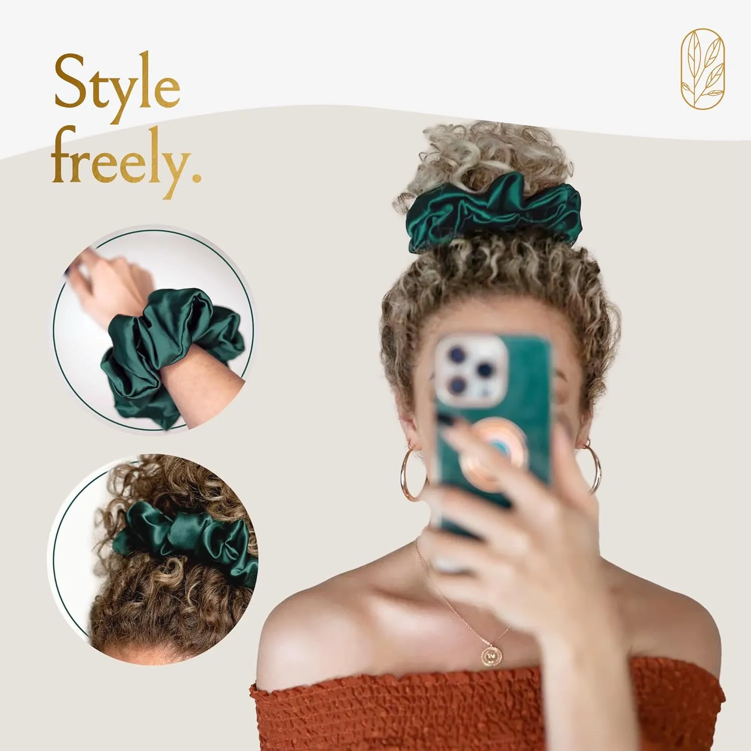 Authentic Mulberry Silk Extra Large Scrunchies for Women, Anti Breakage Hair Ties for Curly Thick & Thin Hair, 100% Silk Scrunchie for Buns, Sleep & Ponytail, Emerald Dark Green - XL