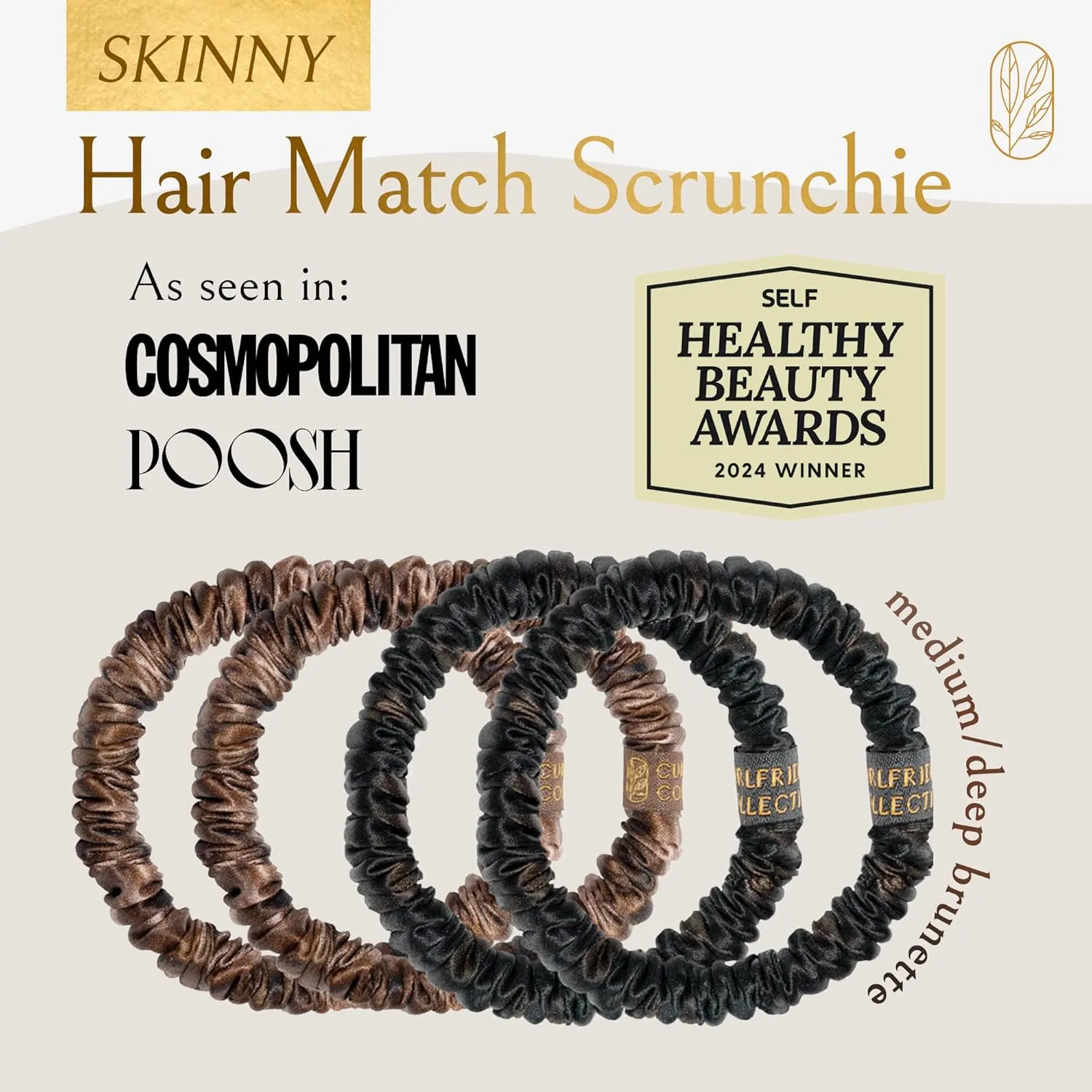 Authentic Mulberry Silk Skinny Hair Match Scrunchies for Women, Anti Breakage Hair Ties for Curly Thick & Thin Hair, 100% Silk for Buns & Ponytail, Medium/Deep Brunette (4 Pack)