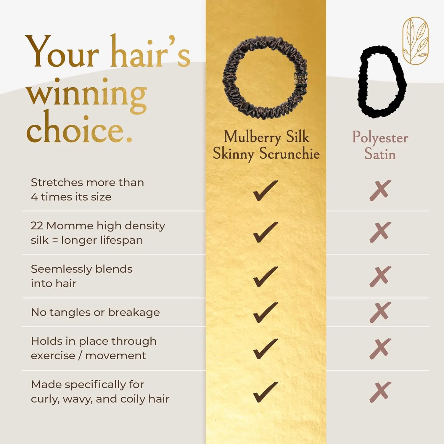 Authentic Mulberry Silk Skinny Hair Match Scrunchies for Women, Anti Breakage Hair Ties for Curly Thick & Thin Hair, 100% Silk for Buns & Ponytail, Medium/Deep Brunette (4 Pack)