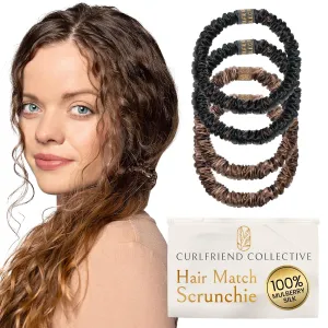 Authentic Mulberry Silk Skinny Hair Match Scrunchies for Women, Anti Breakage Hair Ties for Curly Thick & Thin Hair, 100% Silk for Buns & Ponytail, Medium/Deep Brunette (4 Pack)