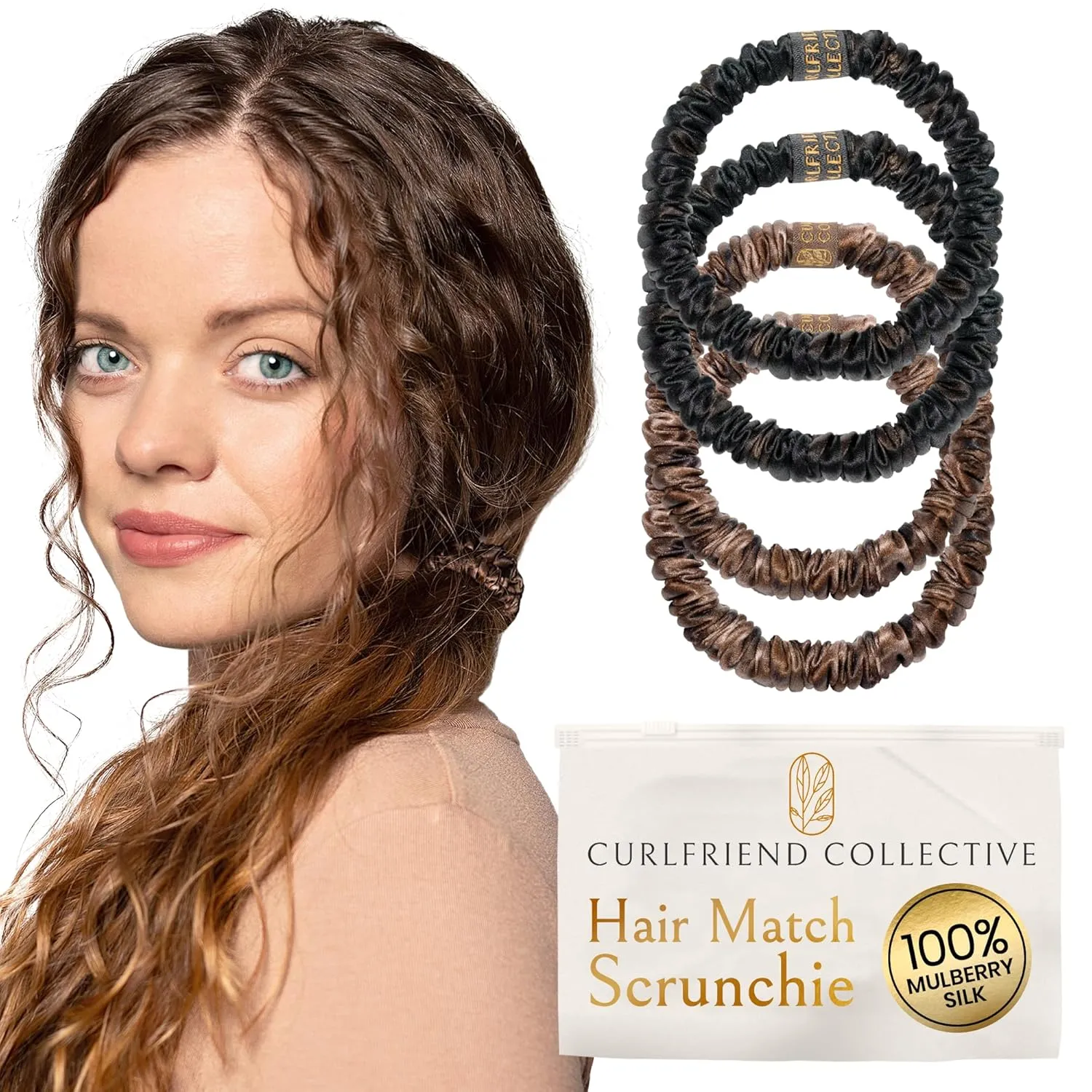 Authentic Mulberry Silk Skinny Hair Match Scrunchies for Women, Anti Breakage Hair Ties for Curly Thick & Thin Hair, 100% Silk for Buns & Ponytail, Medium/Deep Brunette (4 Pack)