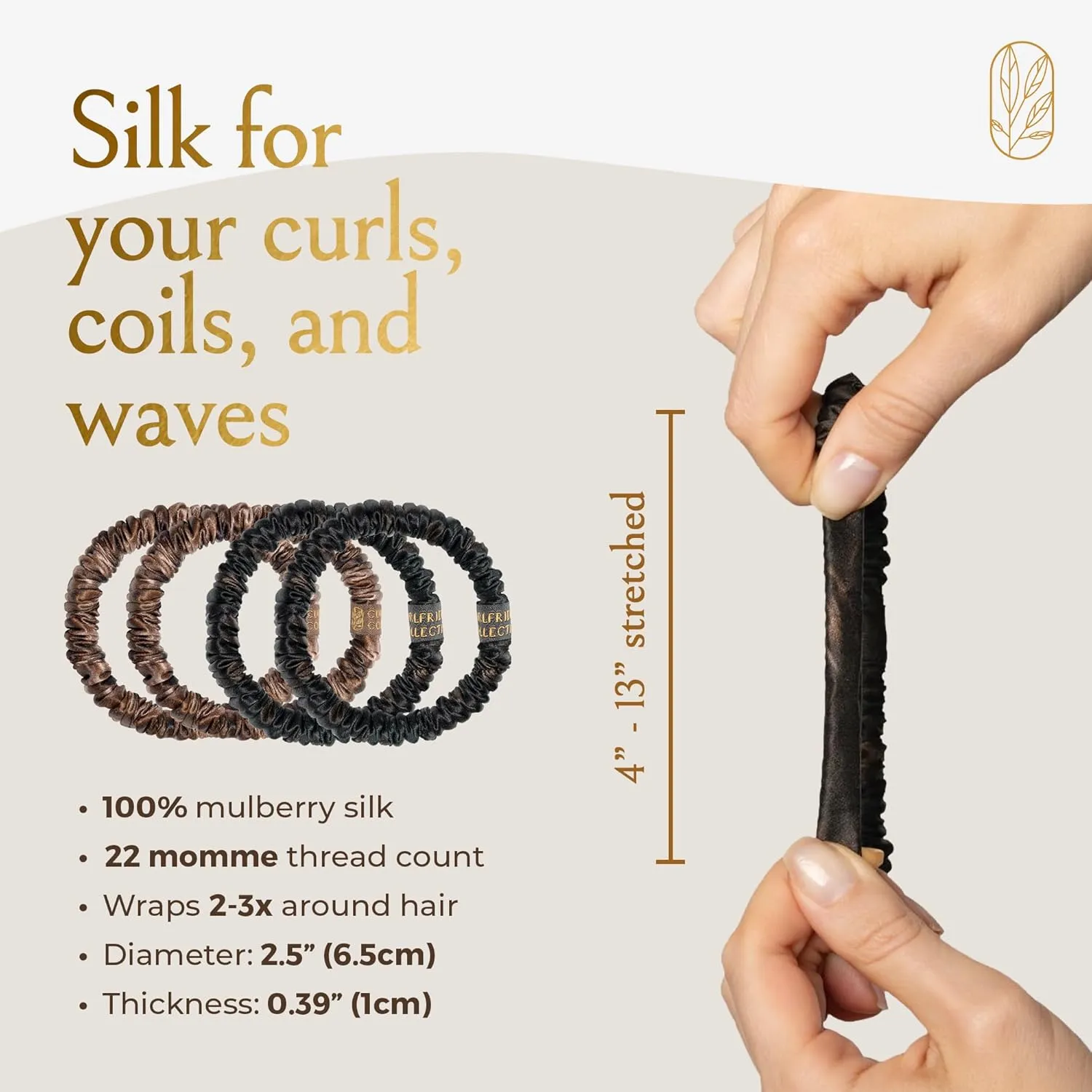 Authentic Mulberry Silk Skinny Hair Match Scrunchies for Women, Anti Breakage Hair Ties for Curly Thick & Thin Hair, 100% Silk for Buns & Ponytail, Medium/Deep Brunette (4 Pack)