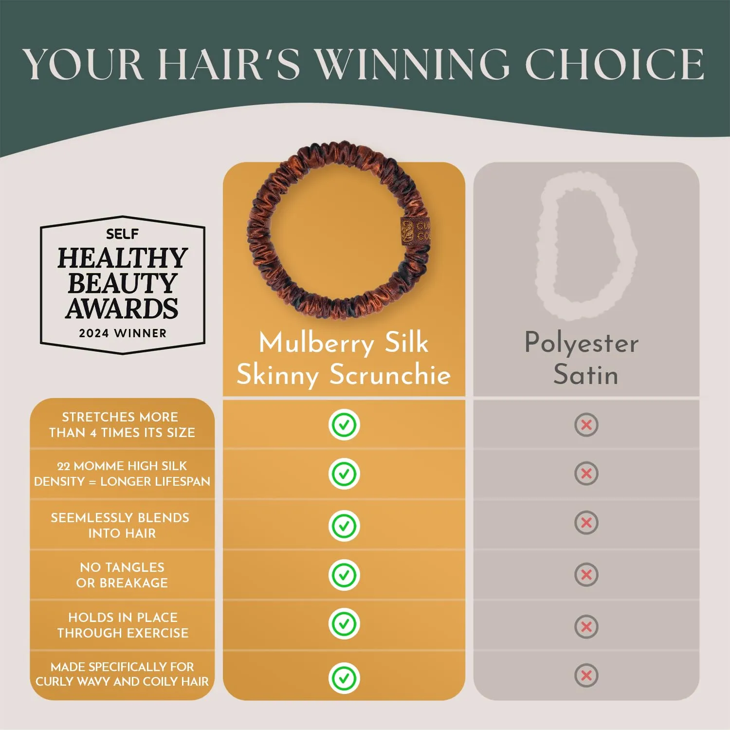 Authentic Mulberry Silk Skinny Hair Match Scrunchies for Women, Anti Breakage Hair Ties for Curly Thick & Thin Hair, 100% Silk for Buns & Ponytail, Strawberry/Auburn (4 Pack)