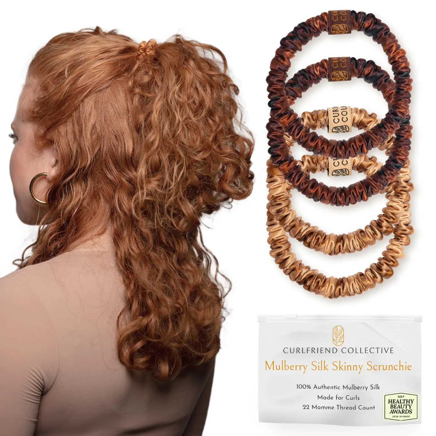 Authentic Mulberry Silk Skinny Hair Match Scrunchies for Women, Anti Breakage Hair Ties for Curly Thick & Thin Hair, 100% Silk for Buns & Ponytail, Strawberry/Auburn (4 Pack)