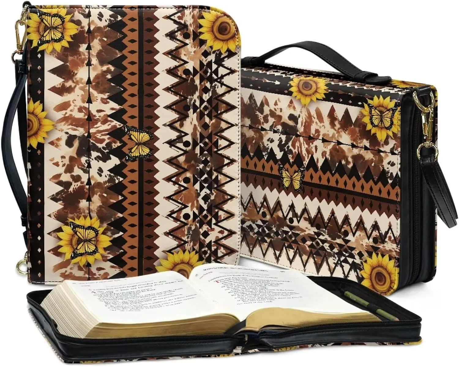 Aztec Tribal Sunflower Butterfly Print Bible Cover Case with Shoulder Strap for Women Men Book Carrying Case PU Leather Bible Covers Christian Bag Scripture Protector, M