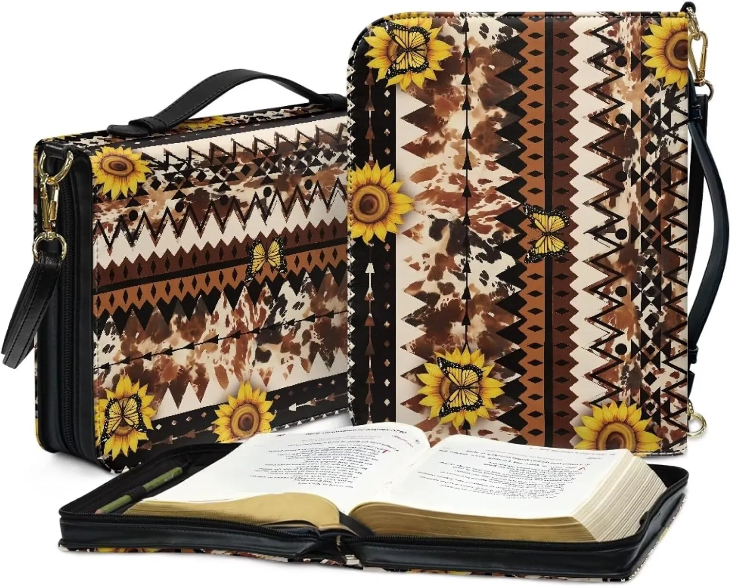Aztec Tribal Sunflower Butterfly Print Bible Cover Case with Shoulder Strap for Women Men Book Carrying Case PU Leather Bible Covers Christian Bag Scripture Protector, M