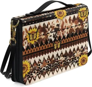 Aztec Tribal Sunflower Butterfly Print Bible Cover Case with Shoulder Strap for Women Men Book Carrying Case PU Leather Bible Covers Christian Bag Scripture Protector, M