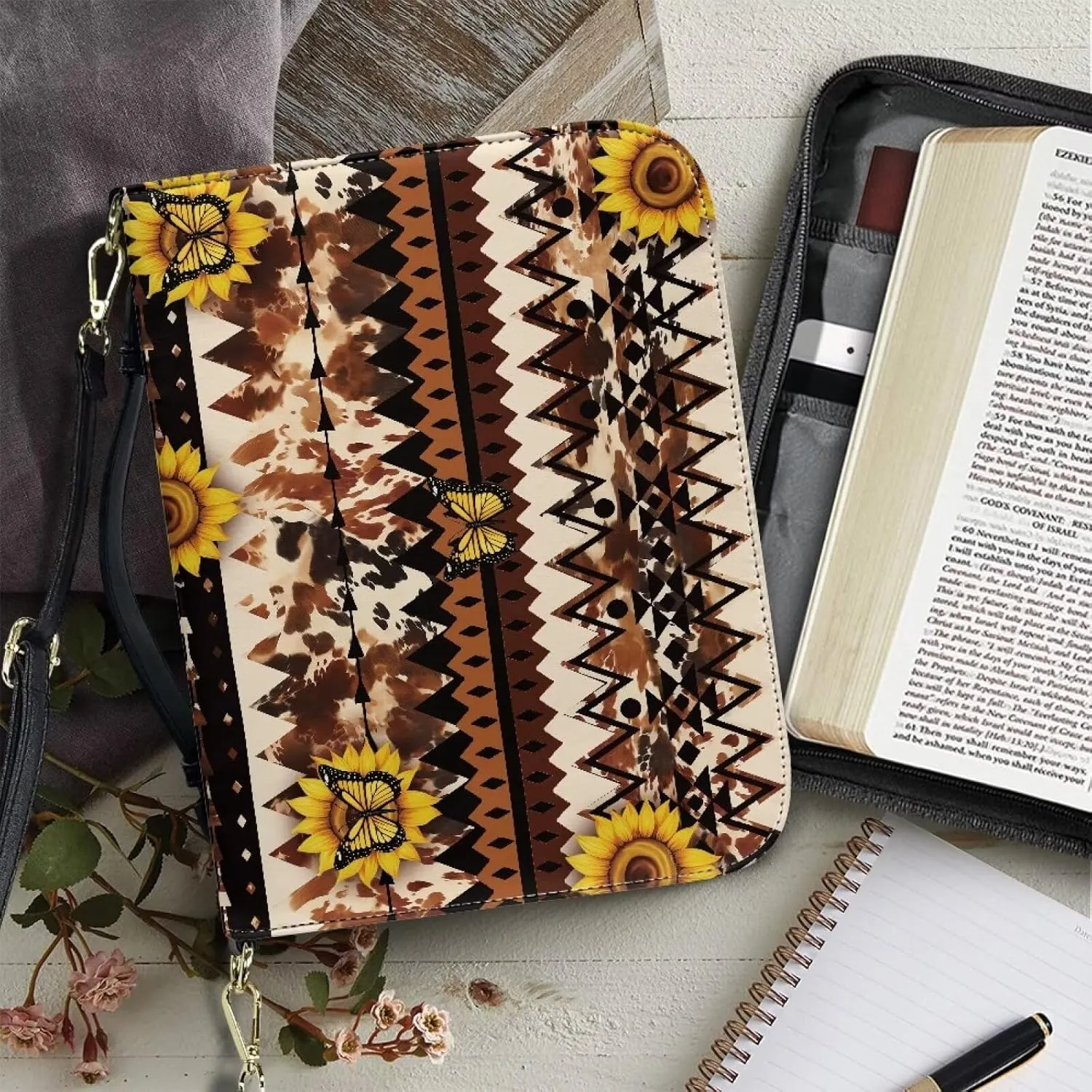 Aztec Tribal Sunflower Butterfly Print Bible Cover Case with Shoulder Strap for Women Men Book Carrying Case PU Leather Bible Covers Christian Bag Scripture Protector, M