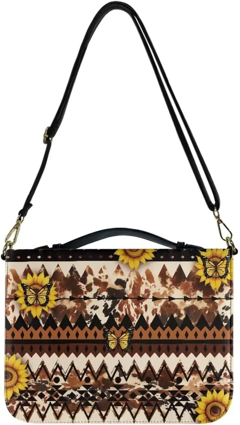 Aztec Tribal Sunflower Butterfly Print Bible Cover Case with Shoulder Strap for Women Men Book Carrying Case PU Leather Bible Covers Christian Bag Scripture Protector, M