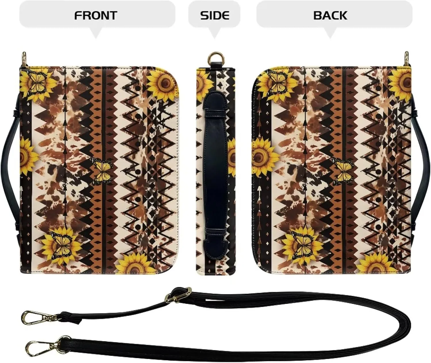 Aztec Tribal Sunflower Butterfly Print Bible Cover Case with Shoulder Strap for Women Men Book Carrying Case PU Leather Bible Covers Christian Bag Scripture Protector, M