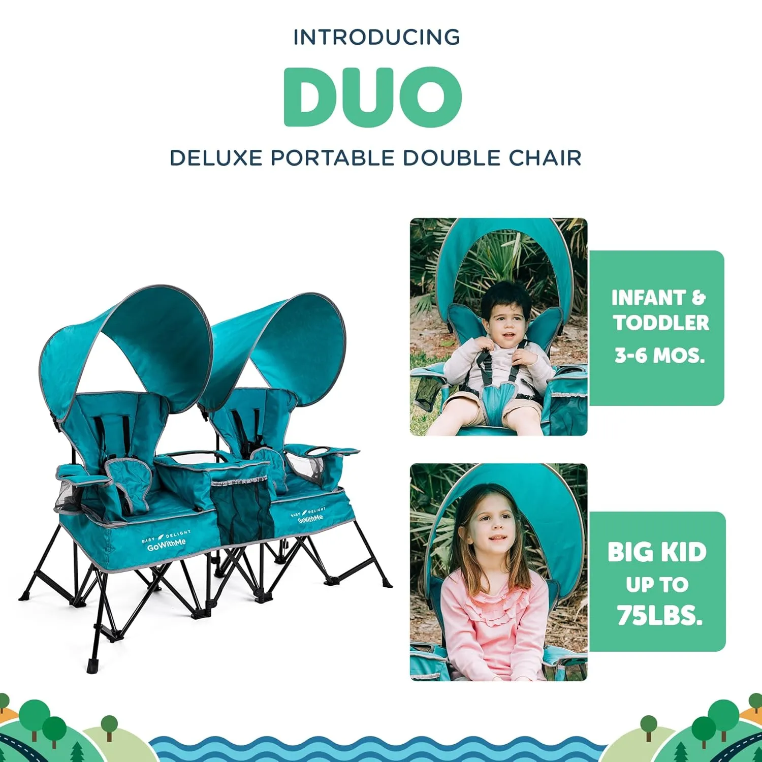 Baby Delight Go with Me Duo Deluxe Portable Chair | for Kids | Double Seat | Indoor and Outdoor | Teal