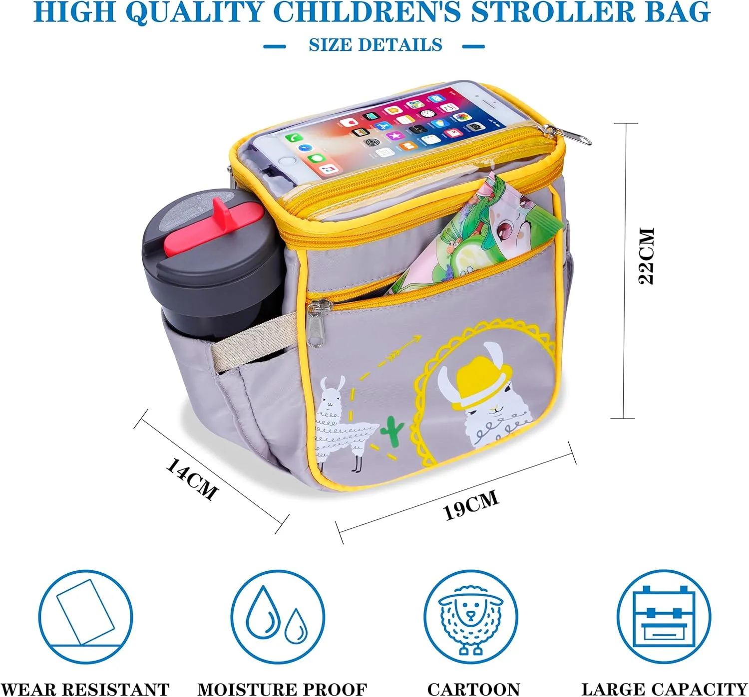 Baby Stroller Organizer Bag，Small Diaper Bag - Universal Stroller Organizer With Insulated Cup Holder,Pocket With Baby Wipes Dispenser，Adjustable Shoulder Strap(Grey)