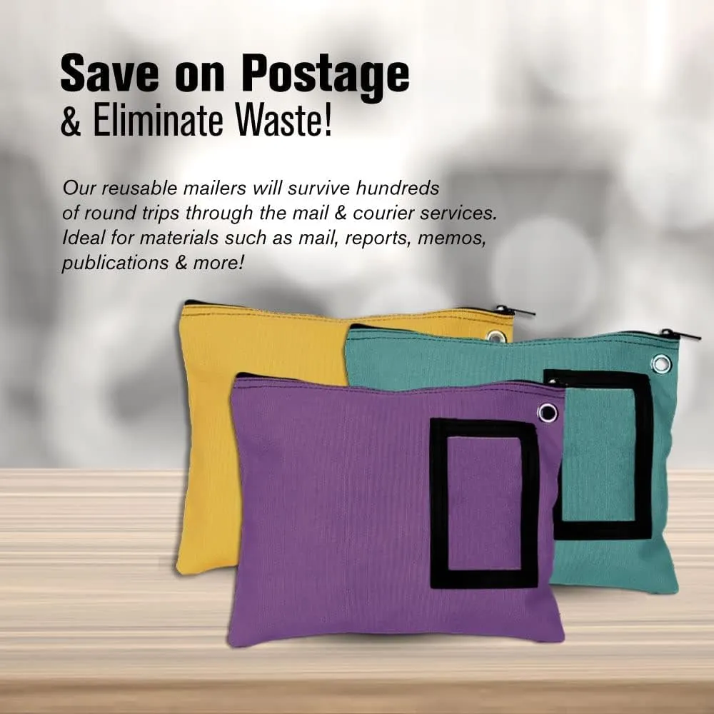 BankSupplies Canvas Interoffice Mailer | 12” W x 9” H | Large Storage Bag | Forest Green | Grommet for Padlock & Zip Tie | 5” W x 3” H Framed Cardholder | Zipper Closure | Bank Bag