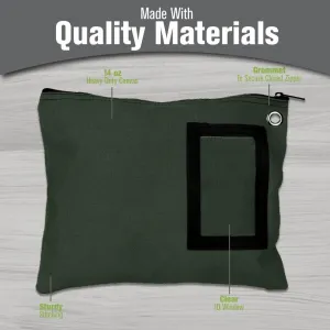 BankSupplies Canvas Interoffice Mailer | 12” W x 9” H | Large Storage Bag | Forest Green | Grommet for Padlock & Zip Tie | 5” W x 3” H Framed Cardholder | Zipper Closure | Bank Bag