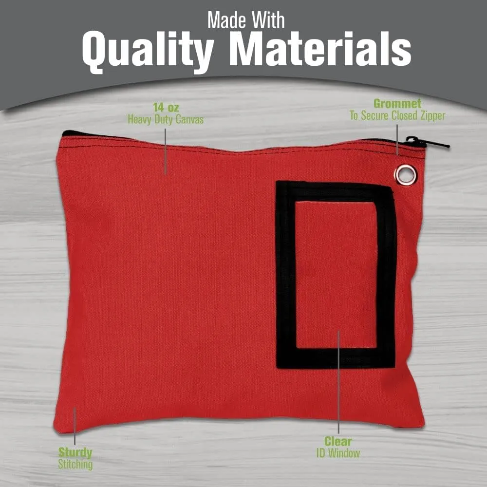 BankSupplies Canvas Interoffice Mailer | 12” W x 9” H | Large Storage Bag | Red | Grommet for Padlock & Zip Tie | 5” W x 3” H Framed Cardholder | Zipper Closure | Bank Bag