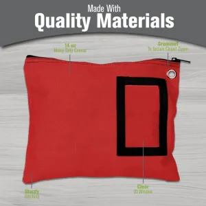 BankSupplies Canvas Interoffice Mailer | 12” W x 9” H | Large Storage Bag | Red | Grommet for Padlock & Zip Tie | 5” W x 3” H Framed Cardholder | Zipper Closure | Bank Bag